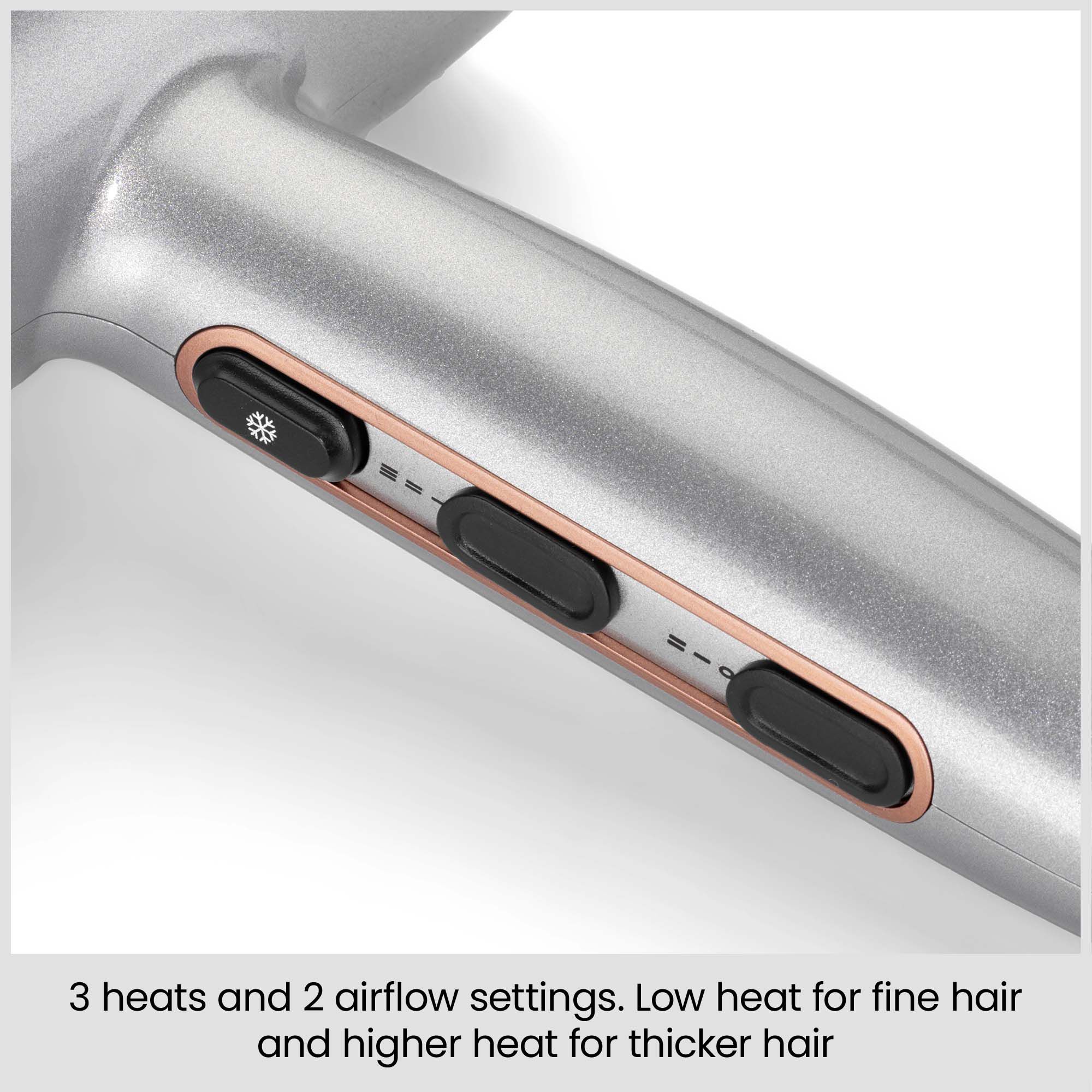3 heats and 2 airflow settings. Low heat for fine hair and higher heat for thicker hair